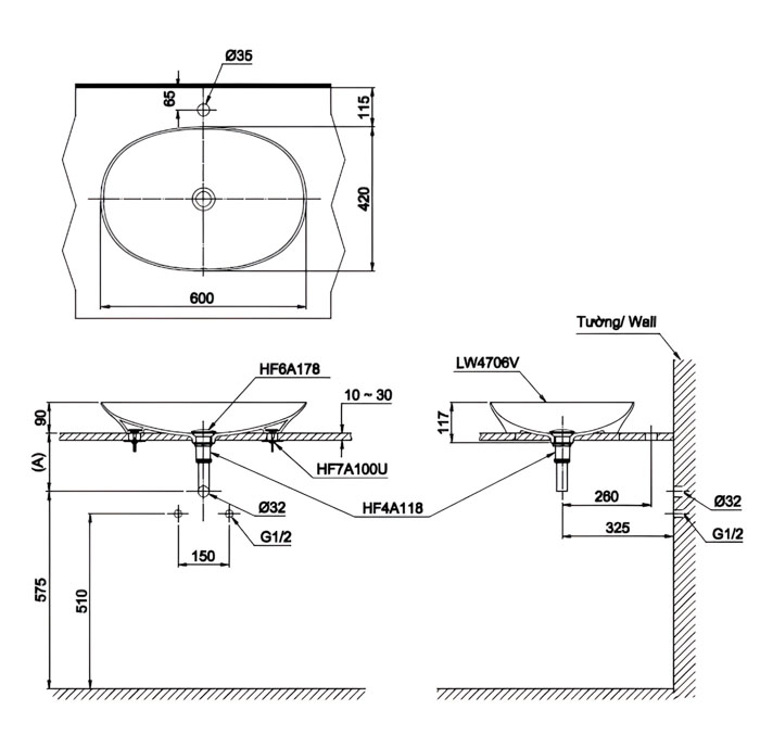 Bản vẽ kỹ thuật Chậu đặt trên bàn LT4706