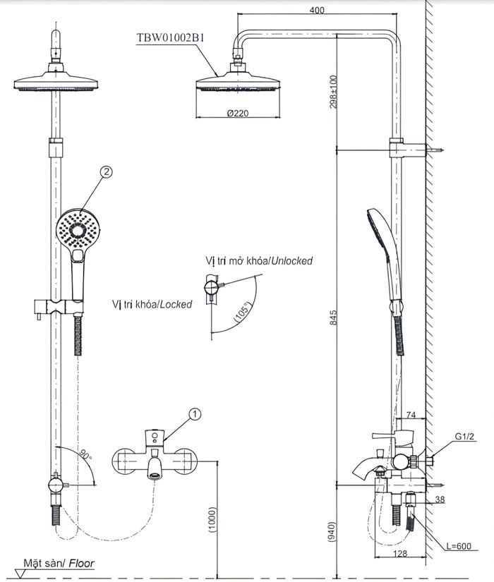 Bản vẽ sản phẩm sen tắm nóng lạnh TBW01002BA