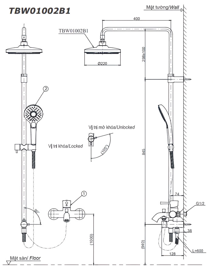 Bản vẽ sản phẩm bộ sen cây nóng lạnh TBW01002BA/TBG01302VA/TBW01010A