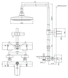 Bản vẽ kỹ thuật của sen cây nhiệt độ kèm vòi xả bồn TBW01401AA