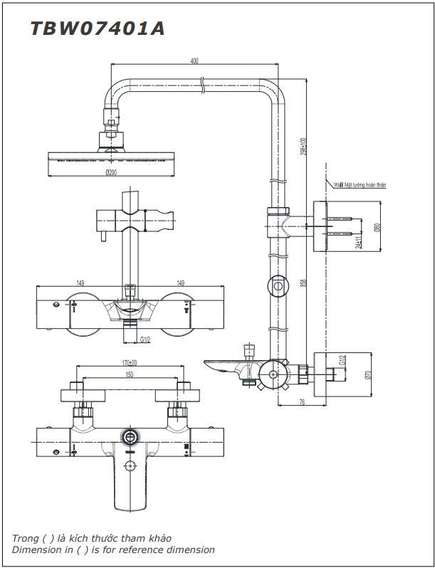 Bản vẽ kỹ thuật của Sen cây nhiệt độ kèm vòi xả bồn TOTO TBW07401A