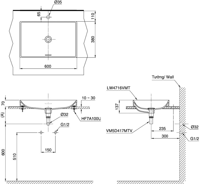 Bản vẽ 2D chậu lavabo rửa mặt đặt bàn cao cấp LT4716MTG17CMW