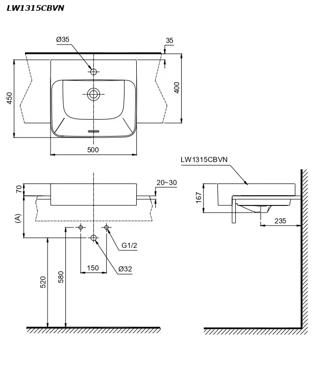 Bản vẽ kỹ thuật chậu bán âm bàn TOTO LW1315CBVN#XW