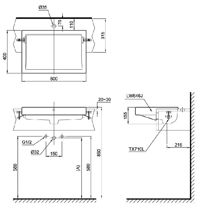 Bản vẽ 2Dchậu rửa mặt cao cấp lavabo bán âm bàn LW646JW