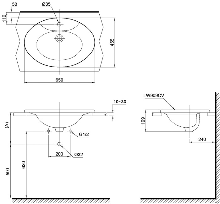 Bản vẽ 2D của lavabo dương vành cao cấp L909CXW